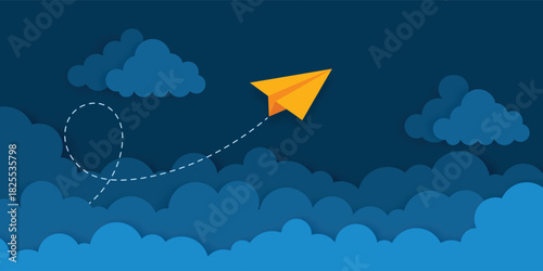 paper air plane flying over cloud in night with paper cut style background
