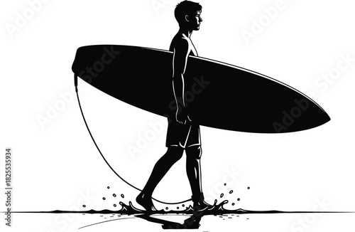 Silhouette of surfer walking with surfboard, young man carrying longboard, black vector illustration isolated on white background, summer beach lifestyle, extreme water sport concept