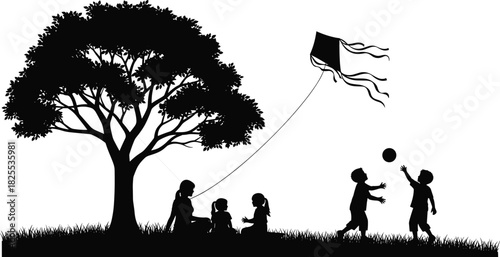 Silhouette vector illustration of happy family playing in park under tree, flying kite and throwing ball, mother and children enjoying summer outdoors together