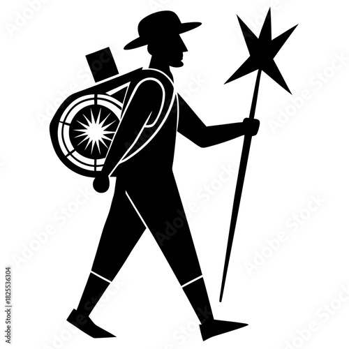 Pilgrim walking with backpack and staff on white background silhouette