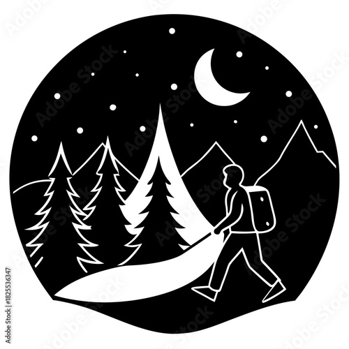 Silhouette of a hiker walking through a forest at night under the moon and stars
