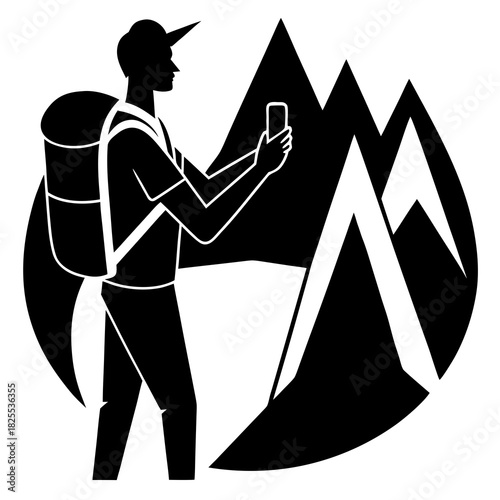 Hiker taking a photo with a smartphone in front of mountains