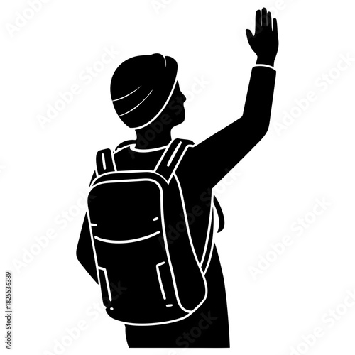 Silhouette of a person with a backpack waving goodbye