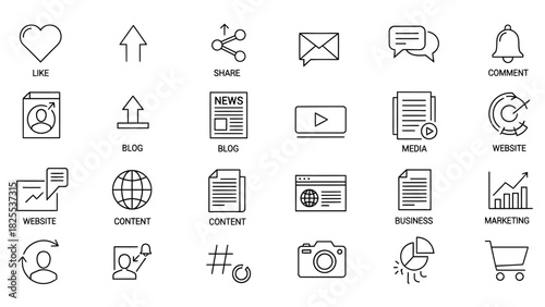 Set of outline icons for social media and business.
