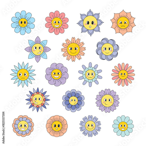 Groovy Daisy Flowers Face Cartoon Collection
