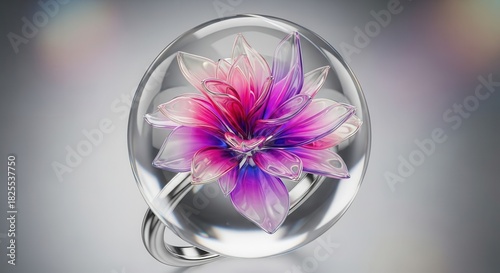 Translucent flower blossom encased within a clear glass sphere setting