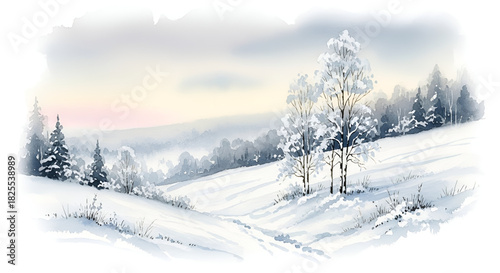 Wallpaper Mural A beautiful watercolor illustration of a serene winter landscape with snow-covered birch trees and a path leading into a frosty forest Torontodigital.ca