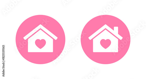 Home love icon in pink circle. House with heart symbol. Family care and warm home sign
