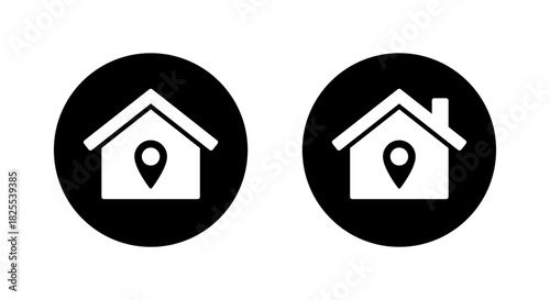 House location pin icon in black circle. Real estate address symbol. Home map marker sign