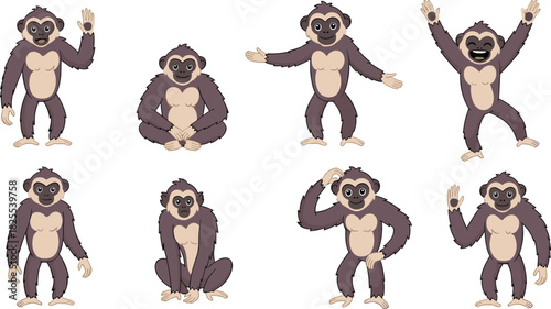 Set of cartoon gibbons in different poses isolated on white background cute monkey character standing, sitting, waving, and raising arms in vector format
