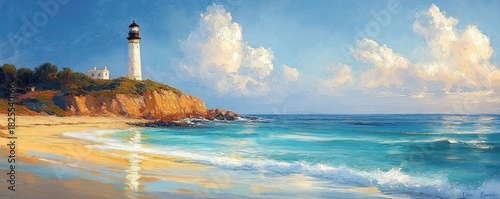 Lighthouse on a sunlit rocky cliff overlooking a turquoise sea with a sandy beach, gentle waves, reflections on wet sand and fluffy clouds, peaceful and serene coastal scene
