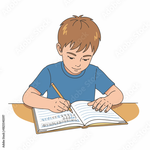 A young boy with brown hair wearing a blue t-shirt is sitting at a desk and diligently writing in an open notebook with a pencil.