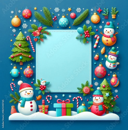 3D Christmas wreath frame featuring cheerful snowmen, candy canes, and colorful baubles against a bright blue background