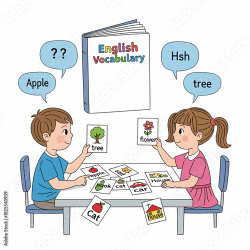 Two children learning English vocabulary with flashcards and an open book, practicing words like tree, apple, and flower at a table.