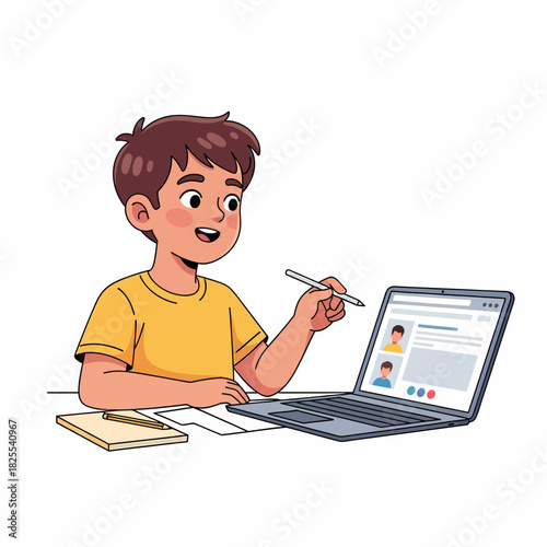 A young boy studying online with a laptop and stylus at his desk, engaged in a virtual class.