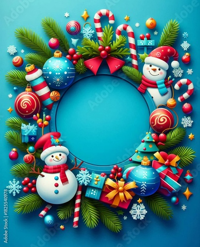 3D Christmas wreath frame featuring cheerful snowmen, candy canes, and colorful baubles against a bright blue background