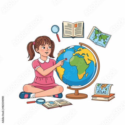 A curious young girl in a pink dress sits on the floor, studying a world globe with books, an atlas, and maps.
