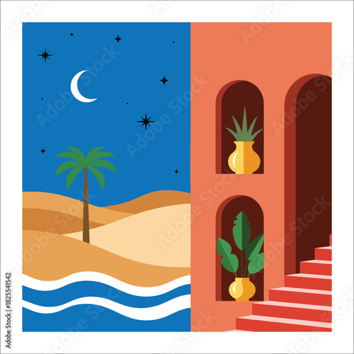 Desert landscape with palm tree and moon at night next to arched building sand dunes