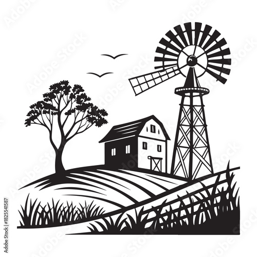 Farm landscape with windmill and barn Vector