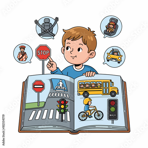 A young boy points to a stop sign while learning about road safety and traffic rules from an illustrated book.