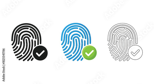 Set of three fingerprint icons with checkmark for biometric authentication