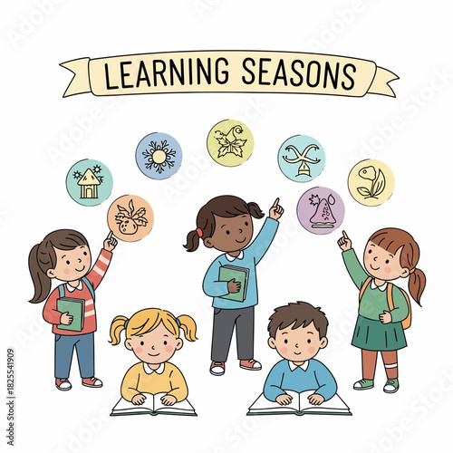 A diverse group of cartoon children studying the four seasons with educational icons and a banner.