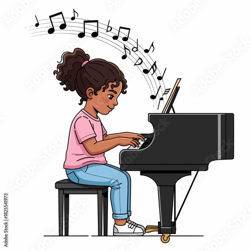 A young girl with curly hair and a pink shirt playing a black grand piano with musical notes floating in the air.