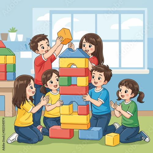 A group of happy young children collaboratively building a tall tower with colorful toy blocks in a playroom.