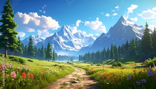 Fototapeta Naklejka Na Ścianę i Meble -  A vibrant scenic view shows a sunlit pathway through a lush meadow towards majestic, snow-capped mountains. The bright sky is filled with fluffy clouds
