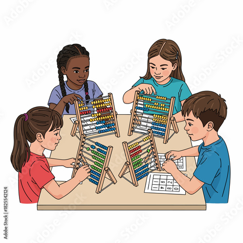 Diverse group of four young children sitting at a table learning mathematics with abacuses.