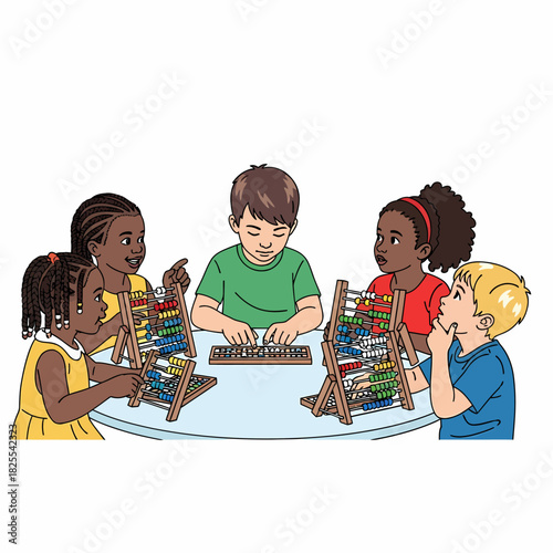 A diverse group of young children learning mathematics together with abacuses around a table.