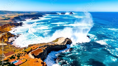Aerial view of the ocean, sea, and coast at sunset with reflection of clouds in the water