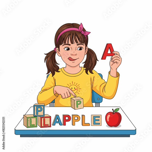 A young girl with pigtails spelling the word apple with colorful alphabet blocks at her desk.