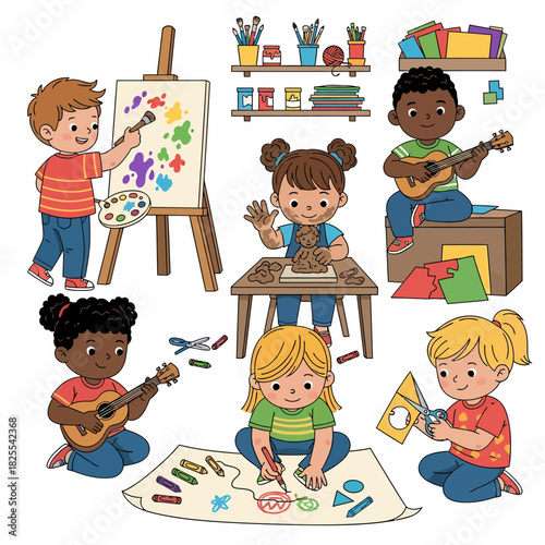 A diverse group of children enjoying creative arts and crafts activities together in a classroom.