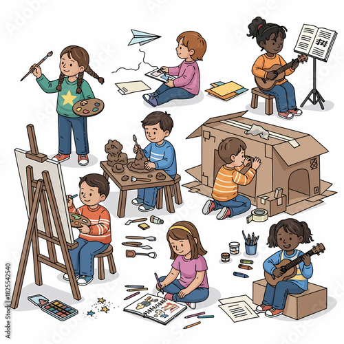 A diverse group of children happily engaged in creative arts and crafts hobbies.