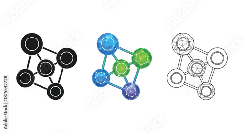 Set of three network connection icons showing node link diagrams and abstract graphs
