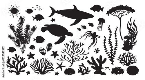Underwater marine life silhouettes set Vector