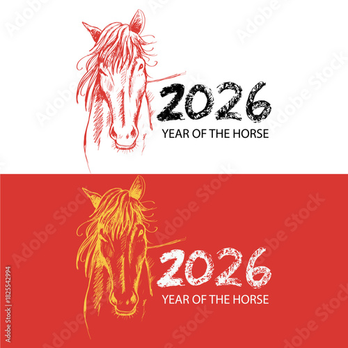 2026 Year of the Horse Hand-Drawn Sketch Banner