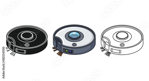 Set of three robotic vacuum cleaner icons in black, color, and outline versions