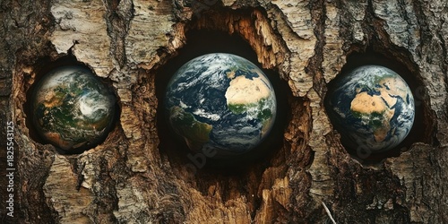 Three earth spheres nestled in hollow tree bark with rough textured wood, evoking fragility, protection and a surreal environmental mood