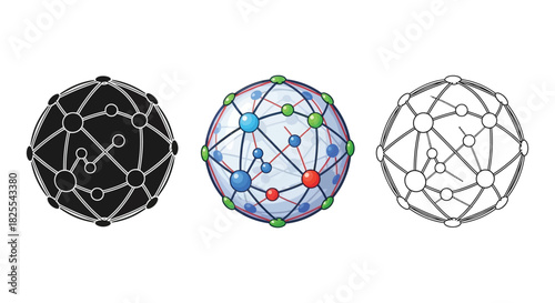 Three representations of a complex spherical network structure with node connections