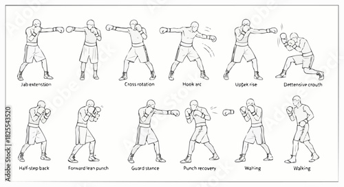 Detailed illustration of various boxing stances and punches, demonstrating fundamental techniques.