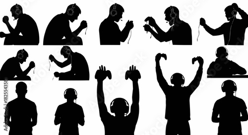 Silhouettes of people playing video games with controllers and headphones.