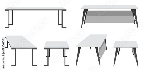 Modern workspace table desk set for office and home with different design in various poses furniture for home and office interior design isolated