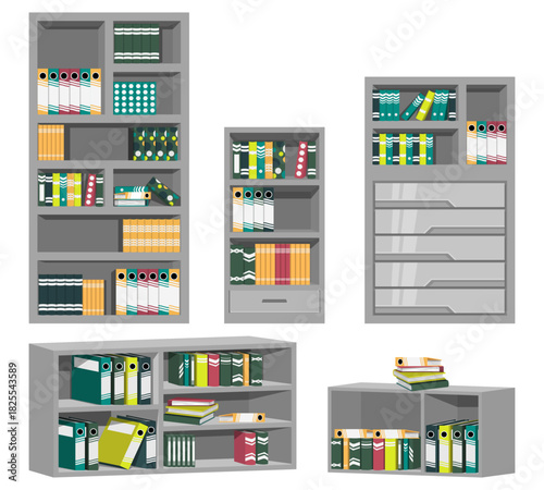 Bookshelf with books for bookstore library school and home difference bookshelf cabinet set with various colorful book