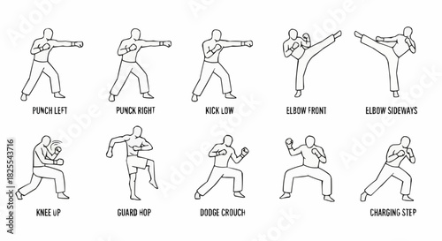 Martial arts poses illustration showing various combat techniques and movements.