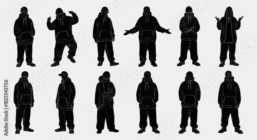 Collection of Silhouettes of People Wearing Hoodies and Caps in Various Poses.