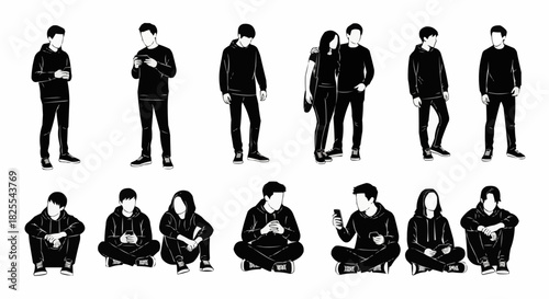 Diverse Group of Young Adults in Various Poses and Interactions.