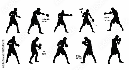 Boxing stances and punches silhouettes for sports training.