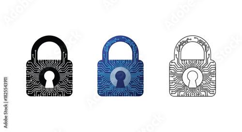 Set of three digital padlock icons with circuit pattern for cybersecurity